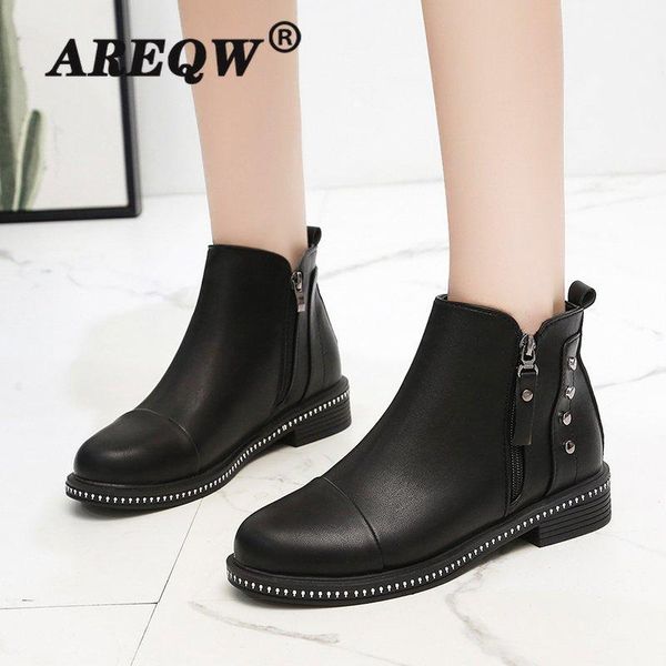

boots 2021 winter female women shoes pu booties british retro trend naked, Black