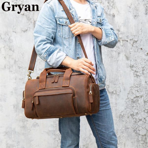

vintage crazy horse leather travel bag with shoe pocket 17 inch design big capacity real weekend large messenger duffel bags
