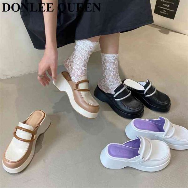 

brand slipper fashion chunky platform sandals ladies med heels mules casual slides female british style loafer shoes 210619, Black