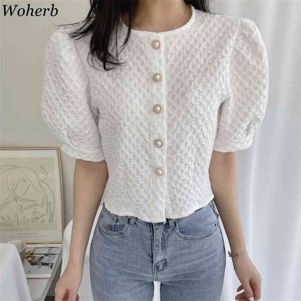 

puff short-sleeve shirt women summer vintage single breasted pearl elegant korean chic sweet slim fit blouses 210519, White
