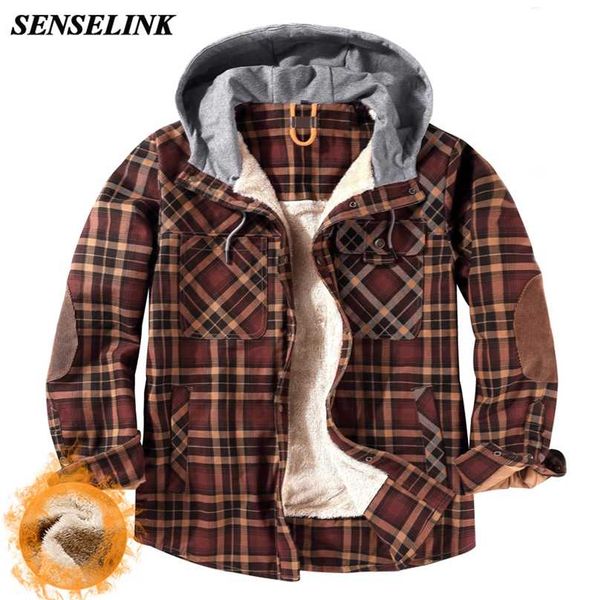 

men winter warm cotton jacket plus velvet thickening size plaid shirt casual loose fleece liner s-3xl 211217, Black;brown