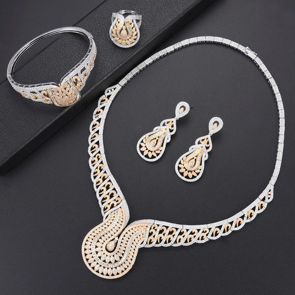 

earrings & necklace larrauri super full micro cubic zirconia luxury drop for women wedding dress bracelet jewelry sets, Silver