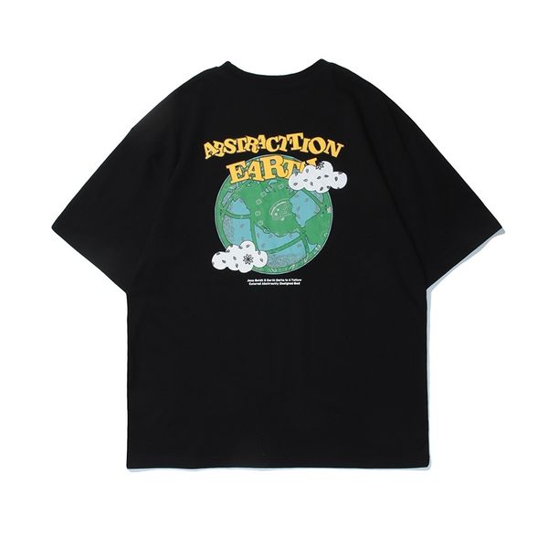 

japanese harajuku t-shirt men green earth printed tshirt streetwear casual cotton short sleeve tees black 210527, White;black