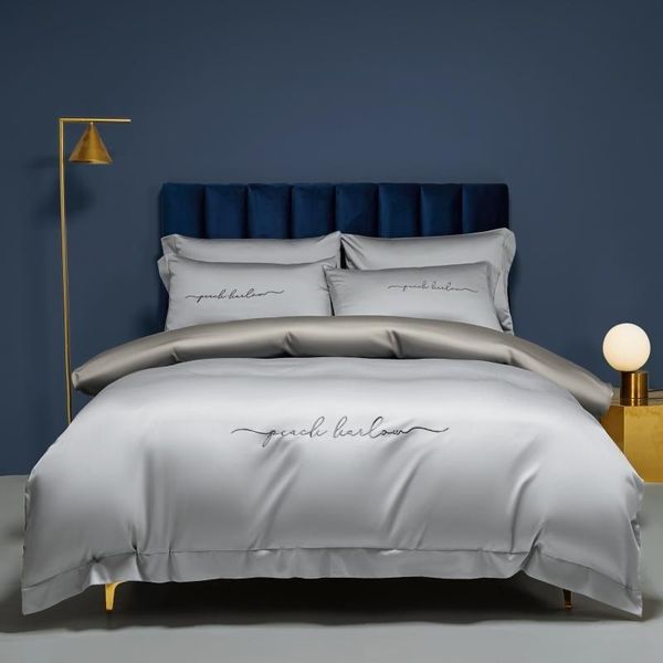 

4pcs 100%cotton simple style gray bedding set embroidery duvet cover with zipper bed sheet pillowcases soft for all season sets