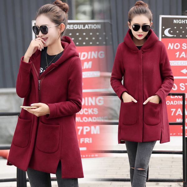 Herbst Winter Frauen Fleece Jacke Mäntel Weibliche Lange Mit Kapuze Mäntel Oberbekleidung Warme Dicke Weibliche Rote Slim Fit Hoodies Jacken 210426