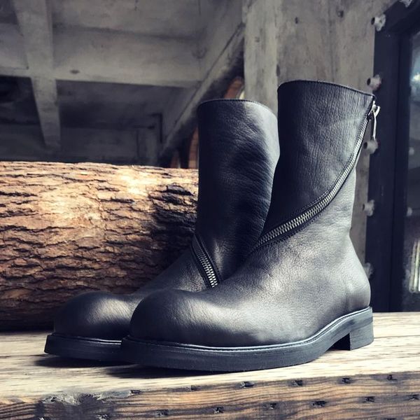 

boots men vintage japan style round toe genuine leather mid-calf boot punk winter handmade black military booties zapatos hombre