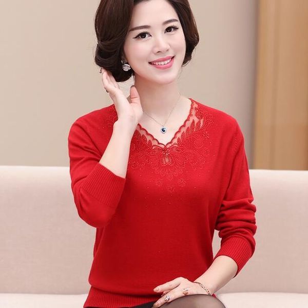 

women's sweaters 2021 winter women v-collar long sleeve pullovers solid color middle-aged good quality hand-beaded sweater df435, White;black