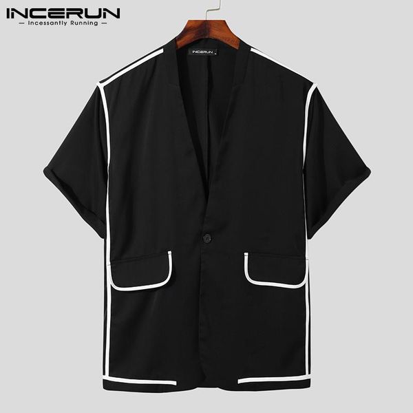 

men's casual shirts 2021 fashion men shirt patchwork streetwear v neck short sleeve camisa masculina one button korean style 5xl incer, White;black