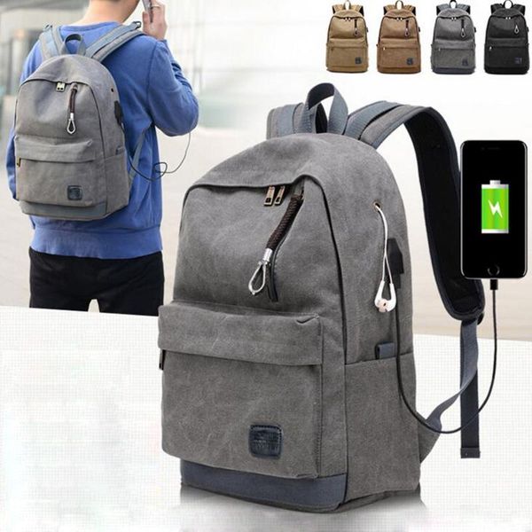 

backpack men women canvas usb charging headphone holes for teenagers office lapdaypack