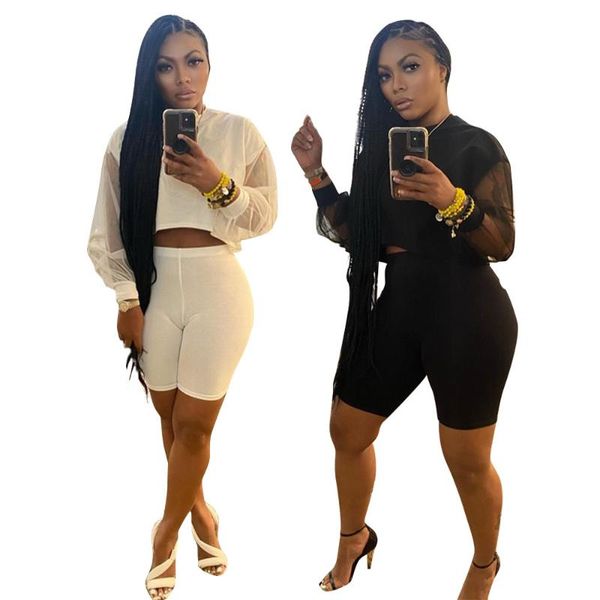

women's tracksuits 2 piece set women club outfits mesh sleeve crop + biker joggers shorts white black two sets suit beach, Gray