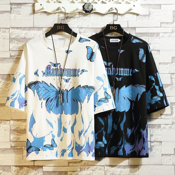 

men's t-shirts flame butterfly street fashon t-shirt men 2021 summer crew neck tshirt hip hop tee shirts, White;black