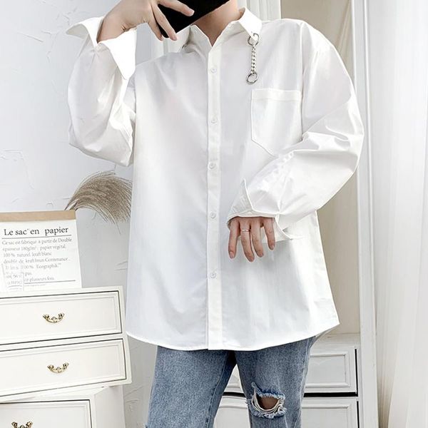 

fashion hip hop shirt male personality neckline decorative chain korean loose casual show punk rock style dress white shirts men's, White;black