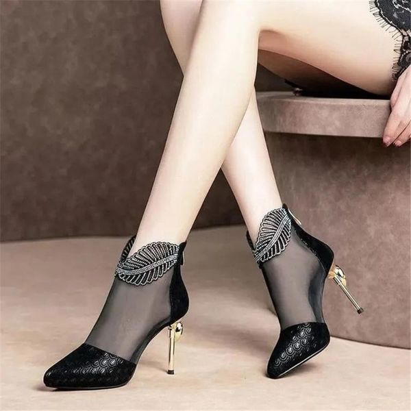 

boots gauze sandals embossed leather plating high heeled shoes women's zip thin heels female autumn water drill ankle, Black
