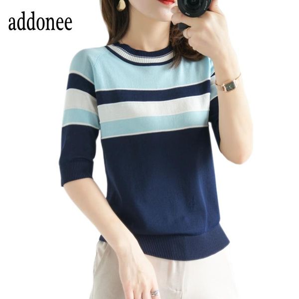 

women's sweaters 2022 latest style spring summer women female o-neck ice silk knitted half sleeve sweater pullover striped stitchi, White;black