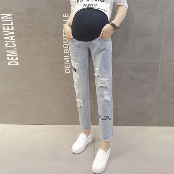

maternity bottoms pregnant women spring and autumn clothing pants jeans fashion holes english belly, White