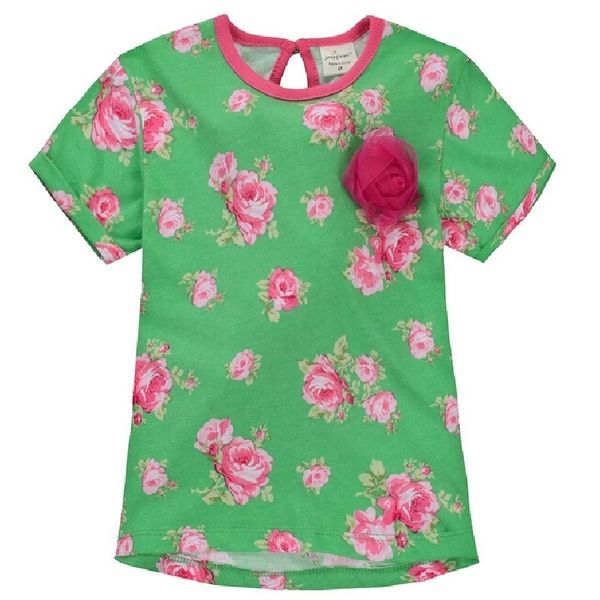 Gül Çiçek Kızın Tee Gömlek Yaz Yeşil Çiçek Kız T-Shirt 1-6years Çocuk Giyim Süveter Kıyafetler Yeni Varış 210413