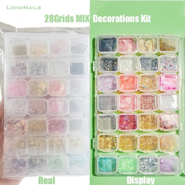 

nail art decorations 7*4girds longnails supermix kit 28mini-box (shell piece,resin butterful,rivet,3d pearl) bulk decal set 12s, Silver;gold