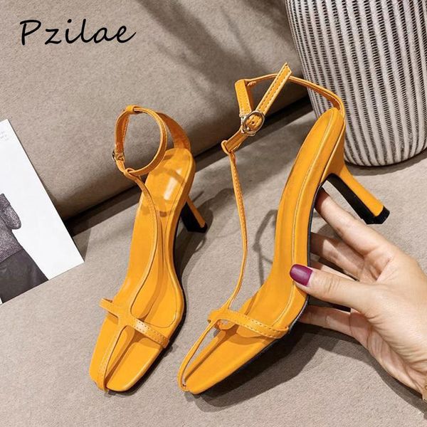 

dress shoes pzilae summer women high heels sandals t-strap narrow band square toe elegant ladies party black white