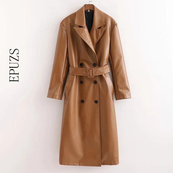 

women's leather & faux winter long coat vintage khaki jacket casual sashes double breasted trench ladies punk outwear, Black
