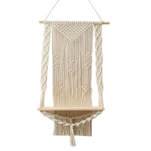 

kitchen storage & organization boho plant holder macrame shelf tapestry wall hanging rack bohemian decor hand-woven shelves wooden planter b