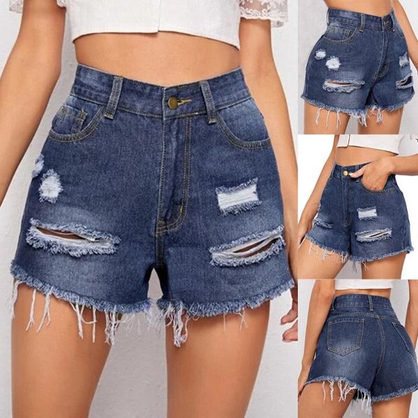 

summer women's jeans shorts fashion casual high waist doing old torns classic vintage make ripped blue wide leg denim, White;black