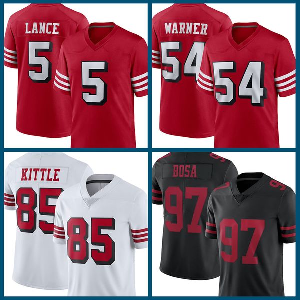 

san francisco 49ers nfl 5 trey lance american football jersey 85 george kittle 80 jerry rice 97 nick bosa 54 fred warner 19 deebo samuel 52, Black;red