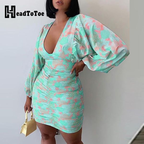 

casual dresses floral pattern print lantern sleeve ruched bodycon dress, Black;gray