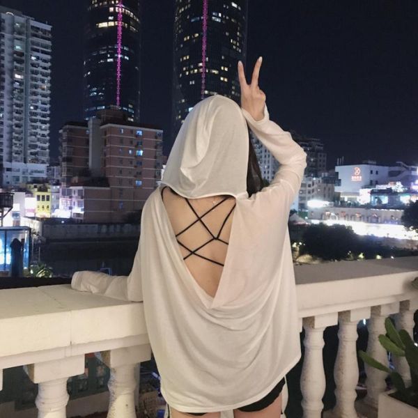 

women's t-shirt long sleeve t-shirts women summer backless hooded thin fashion korean style all-match loose solid womens party chi, White