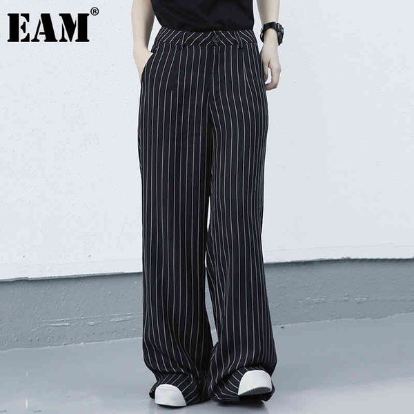 

[eam] high waist black striped long casual wide leg trousers loose fit pants women fashion spring autumn 1dd8617 21512, Black;white