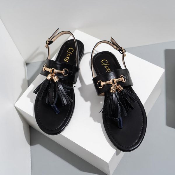 

sandals women's summer bohemia tassel clip toe ladies shoes 2021 casual fashion woman beach pu leather female flip flops, Black