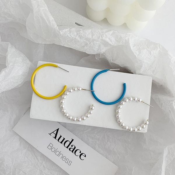 

hoop & huggie s925 asymmetrical pearl c-shaped earrings for women 2021 trendy spring summer design bright color macaron fashion jewelry, Golden;silver
