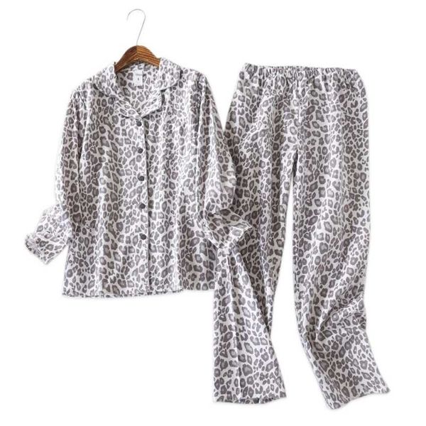 

vintage leopard pajamas sets women 100% brushed cotton winter sleepwear women fashion flannelette pyjamas for women 211007, Black;red