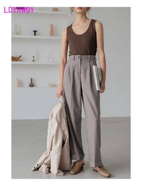 

[ldyrwqy] wide leg female high waist korean wild suit trousers button fly full length polyester leg pants 210603, Black;white