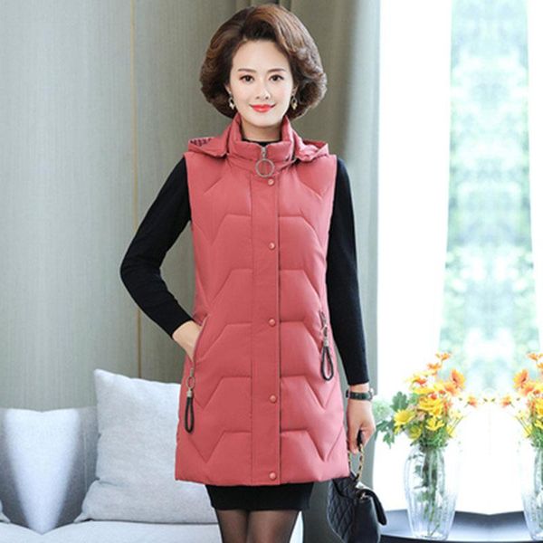 

women's vests middle-aged and elderly women's sutumn winter cotton vest long down padded jacket with detachable hat mother wear ove, Black;white