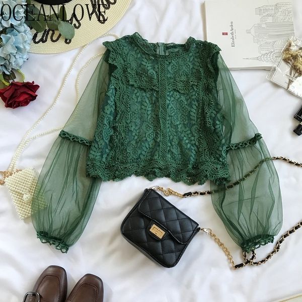 

lace hollow out solid blouses women fashion ins korean ropa mujer lantern sleeve patchwork blusas 14569 210415, White