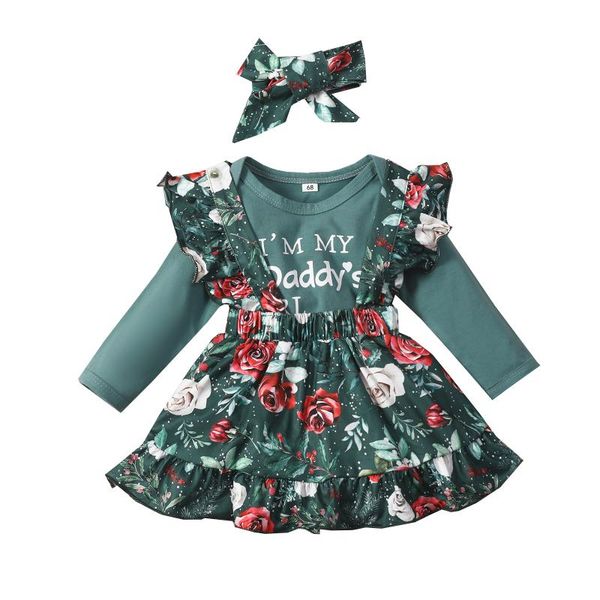 

clothing sets pudcoco 0-24m 3pcs born kids girls letter green ruffles bodysuit+flower print suspender a-line skirt+headdress clothes, White