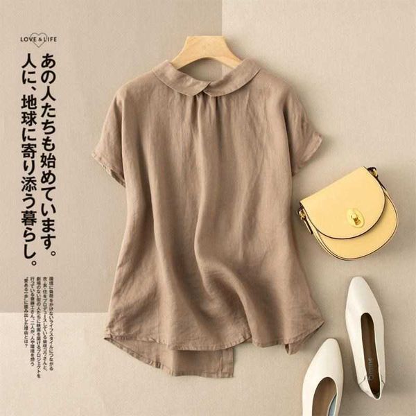 

2021 summer loose large solid color cardigan doll collar short sleeve t-shirt women, White