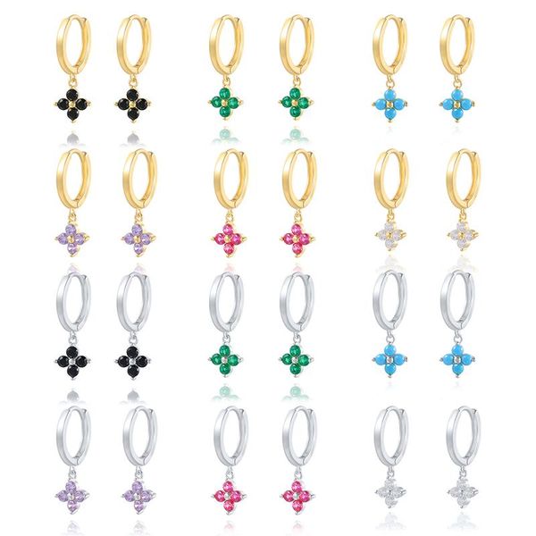

hoop & huggie viny 2021 trend black color zircon earrings for women 925 sterling silver hoops star clover lock pendientes jewelry, Golden;silver