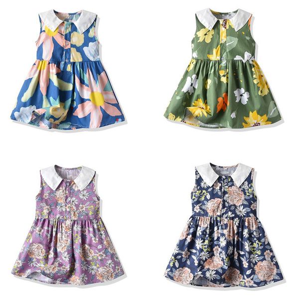 

spring kids girl sleeveless printing dress infant baby born clothes floral 0-6yrs 210429, Blue