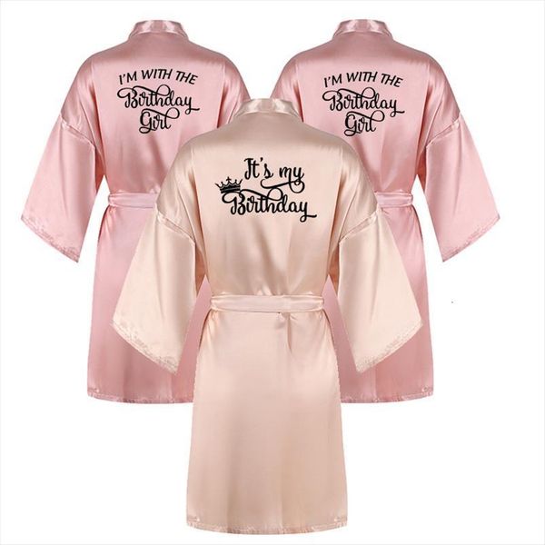 

short satin robe with womens sleepwears crown its my birthday kimono im the girl team squad party robes, Black;red