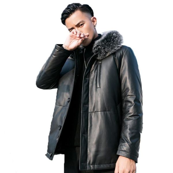 

men's leather & faux sheepskin genuine men duck down winter coat mens jacket chaqueta cuero hombre yy870, Black