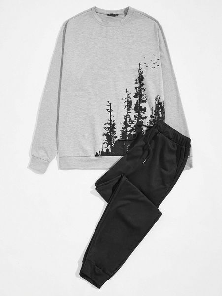 

men plants print pullover & drawstring waist sweatpants set 359t#, Gray