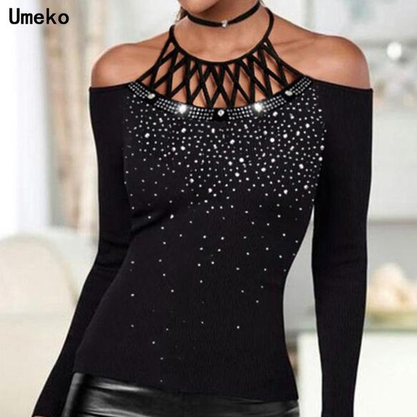 

women's t-shirt plus size spring autumn halter sequins off the shoulder tee diamond strapless solid color long sleeve tshirt clothes, White