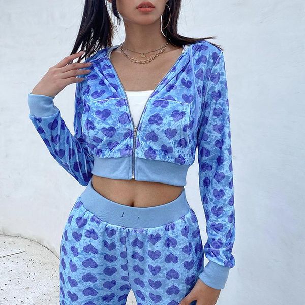 

women's jackets women sportswear heart print hooded long sleeves crop matching high-waist casual pants female tracksuit for girls blue, Black;brown