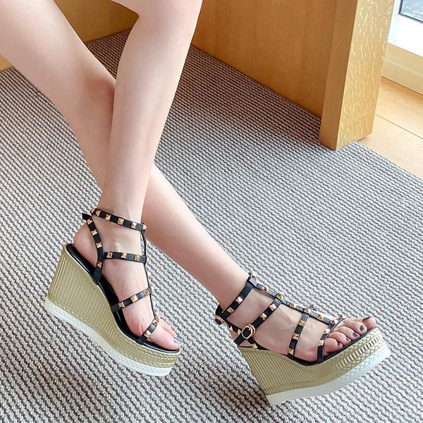 

dress shoes ins women leather sandals summer pumps 22-25cm super high heel 9cm totem wedges gladiator metal rivet sexy, Black