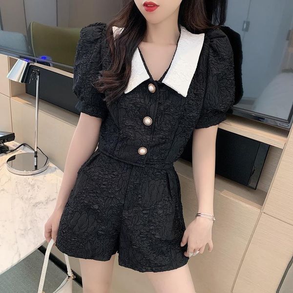 

women's tracksuits korean fahsion shorts set women 2021 summer pearl buttons lapel puff sleeve short shirt and wide leg two-piece, Gray