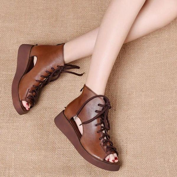 

spring and summer leather retro thick-soled lace-up wedge sandals roman fish mouth women's boots first layer cowhide hollow mart, Black