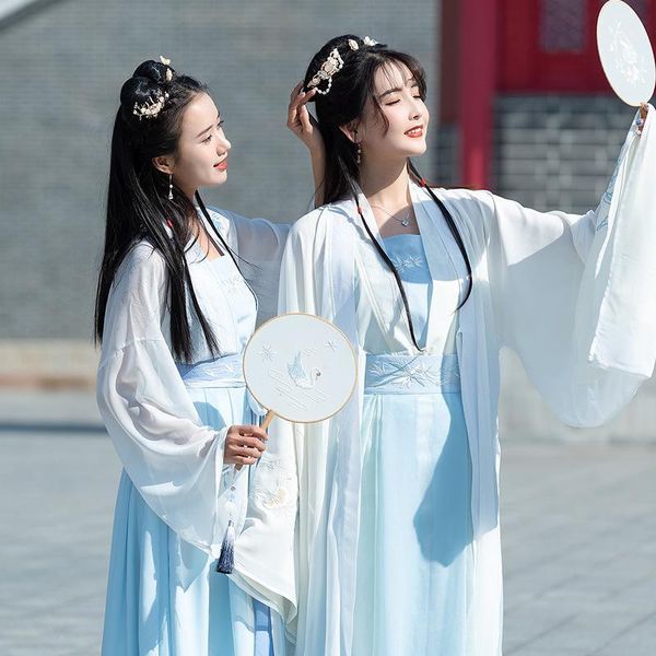 

two piece dress chinese style female blue and white embroidery belt collar skirt three-piece suit ankle-length women hanfu