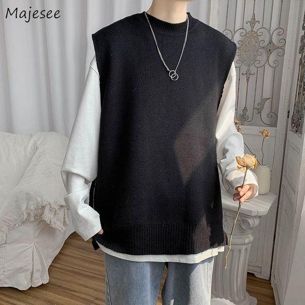 

sweater vest men solid side-slit o-neck loose harajuku japanese style streetwear college knitted trendy leisure retro spliced men's ves, Black;white
