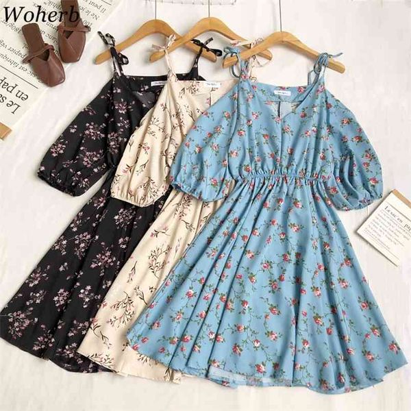 

sweet floral dress women v neck spaghetti strap vestidos off shoulder slim waist puff sleeve summer beach style dresses 210519, Black;gray